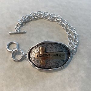 “1 CORINTHIANS 3:14” Worn Silvertone Goldtone Cross Accent Disk Toggle Bracelet